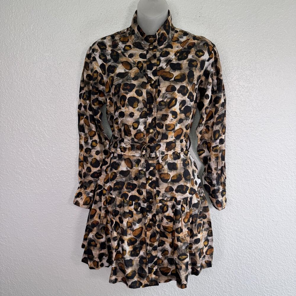 Karina Grimaldi Dress Women XS Leopard Shirt Belted Snap Long Sleeve Boho - Picture 1 of 11